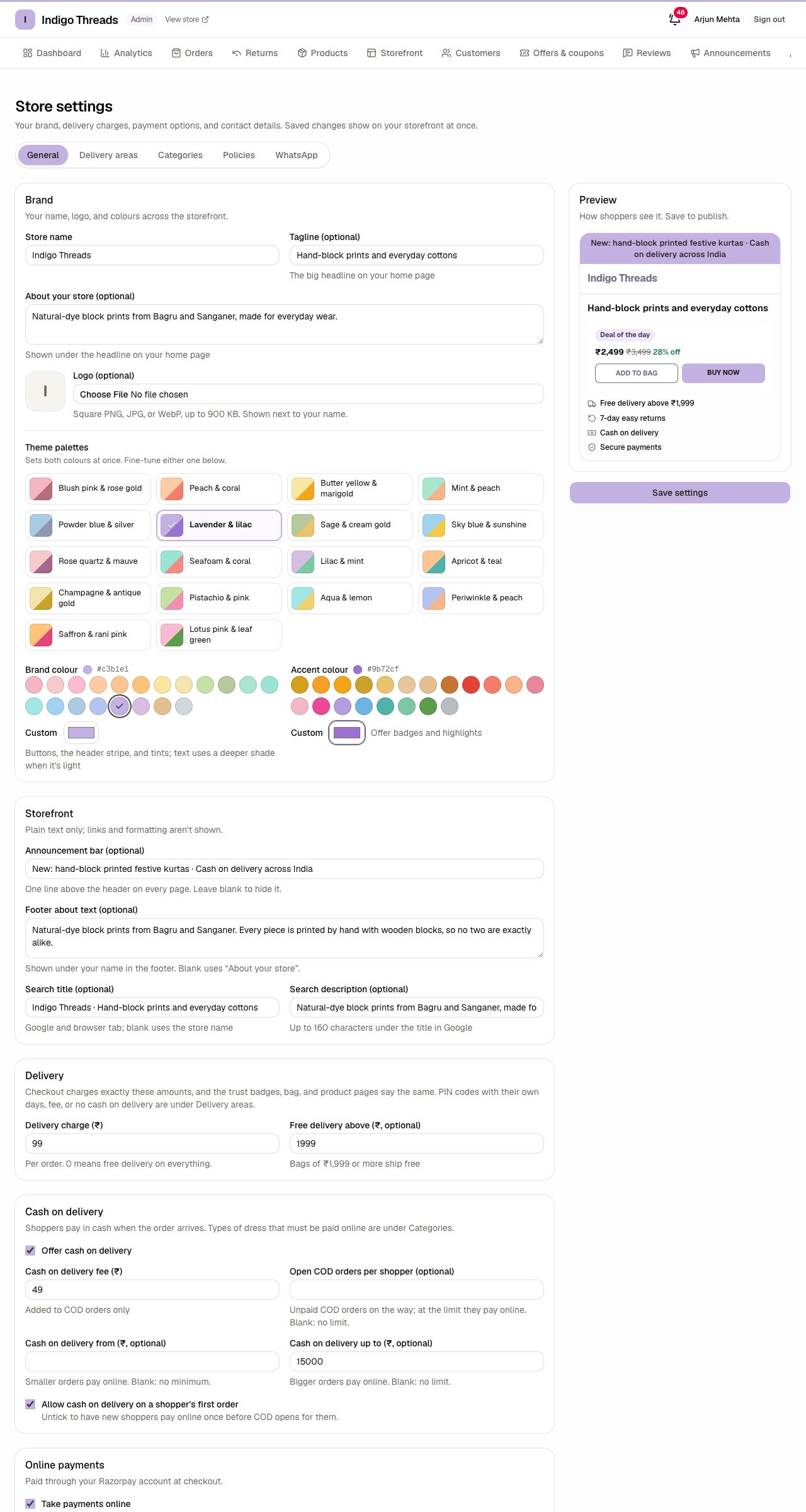 Store settings with palettes and a live preview